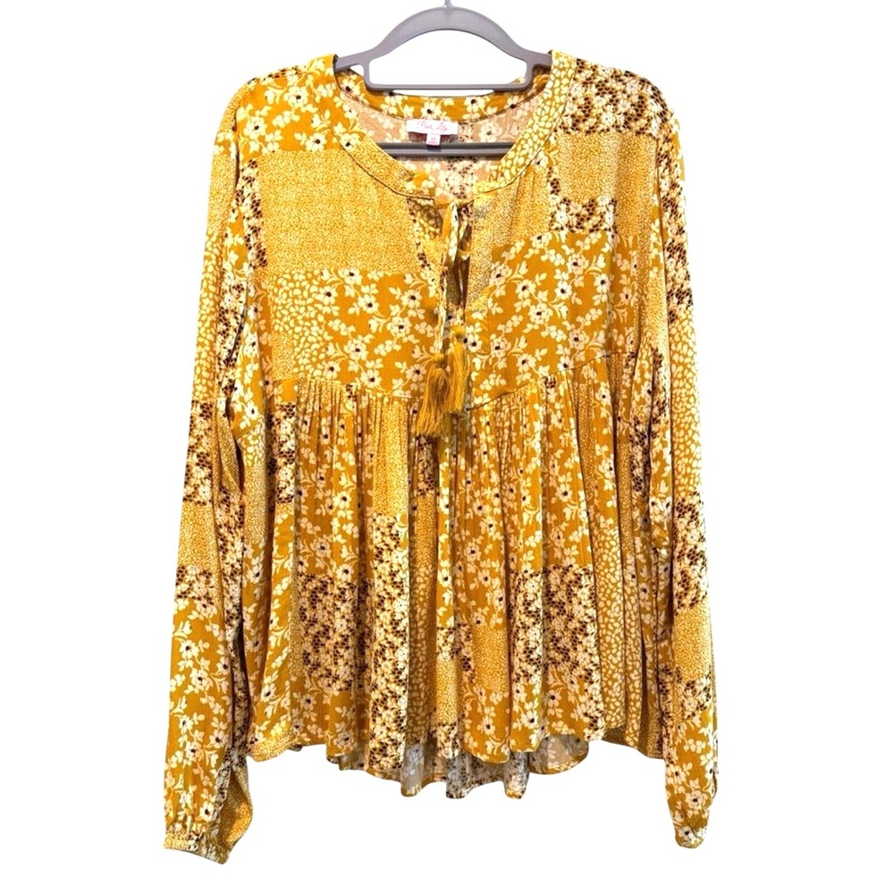 Pink‎ Lily Mustard Yellow Floral Patchwork Boho Peasant Blouse Tassel Tie Medium